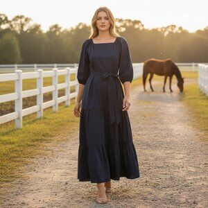 Tuckernuck Lyles Navy Tiered Cotton Maxi Dress Puff Sleeve NWT XL
